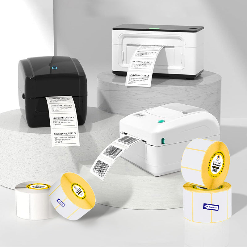 40×22mm thermal labels shown on various printers, highlighting compatibility with different label printing devices