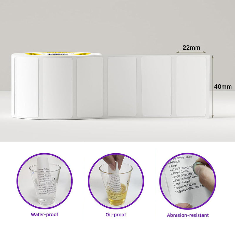 40×22mm waterproof oil-resistant thermal barcode labels with clear dimensions for product labeling and inventory
