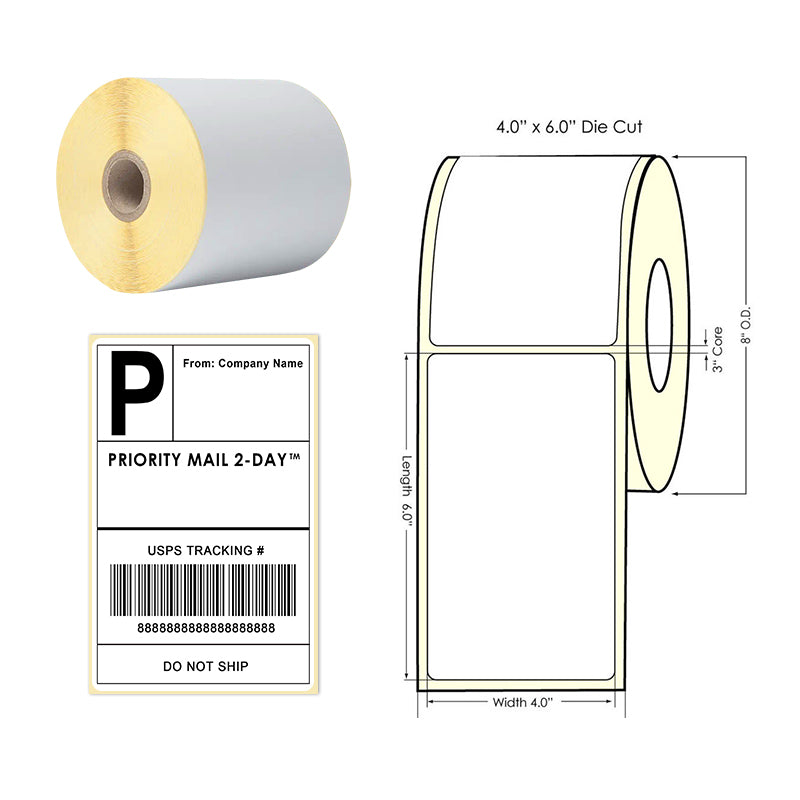 4x6 direct thermal shipping label roll with sample printed label and die cut size diagram showing 4.0 x 6.0 inch dimensions