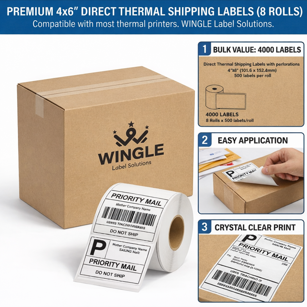 Premium 4×6 thermal shipping labels, factory direct pricing. 500 labels/roll, 8 rolls/box. Clear printing, strong adhesive, waterproof. Perfect for e-commerce, logistics & warehouse