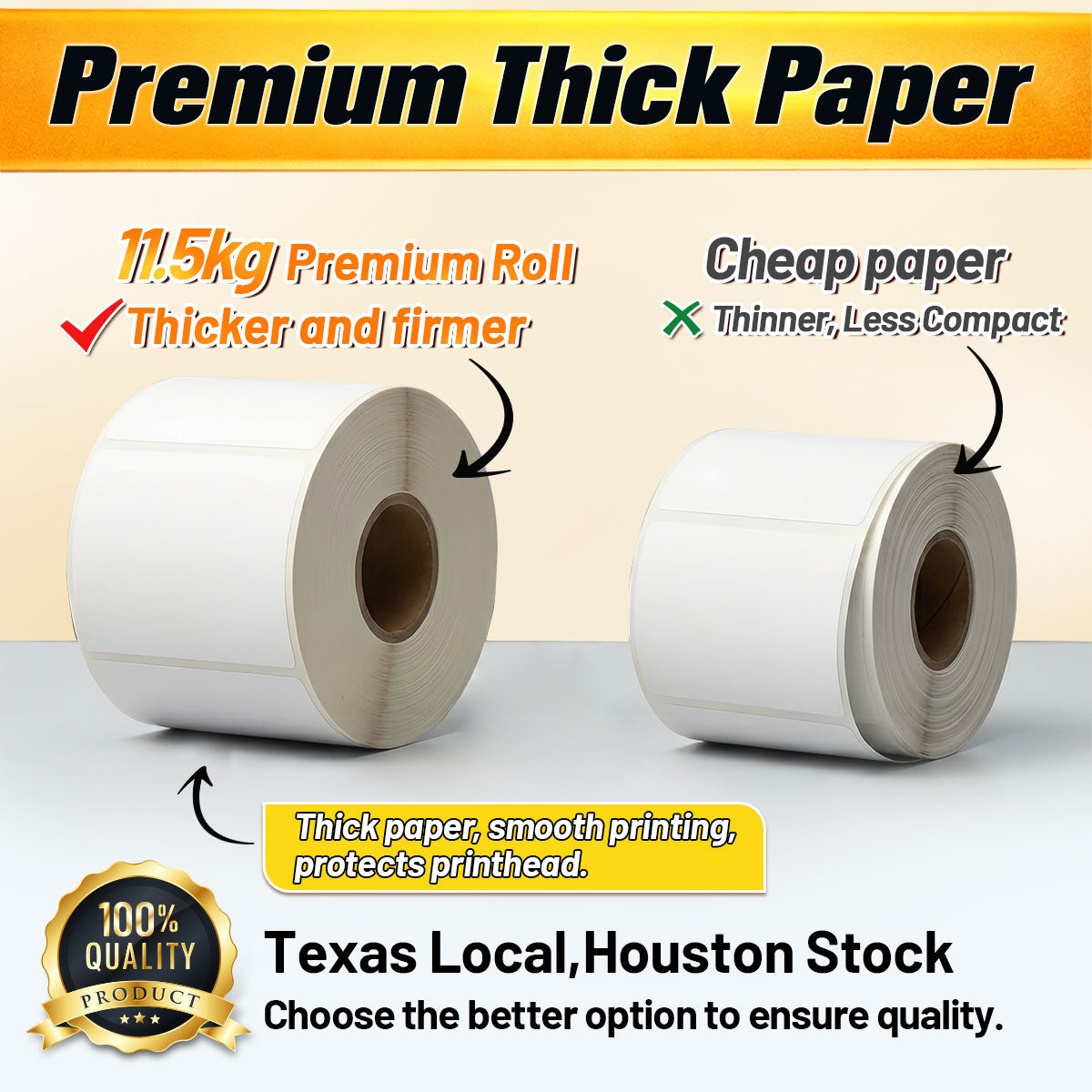 premium thick 4x6 thermal shipping label roll showing high quality paper vs cheap thin labels