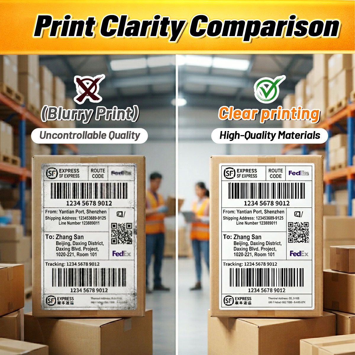 print clarity comparison of 4x6 thermal shipping labels showing clear printing vs blurry labels