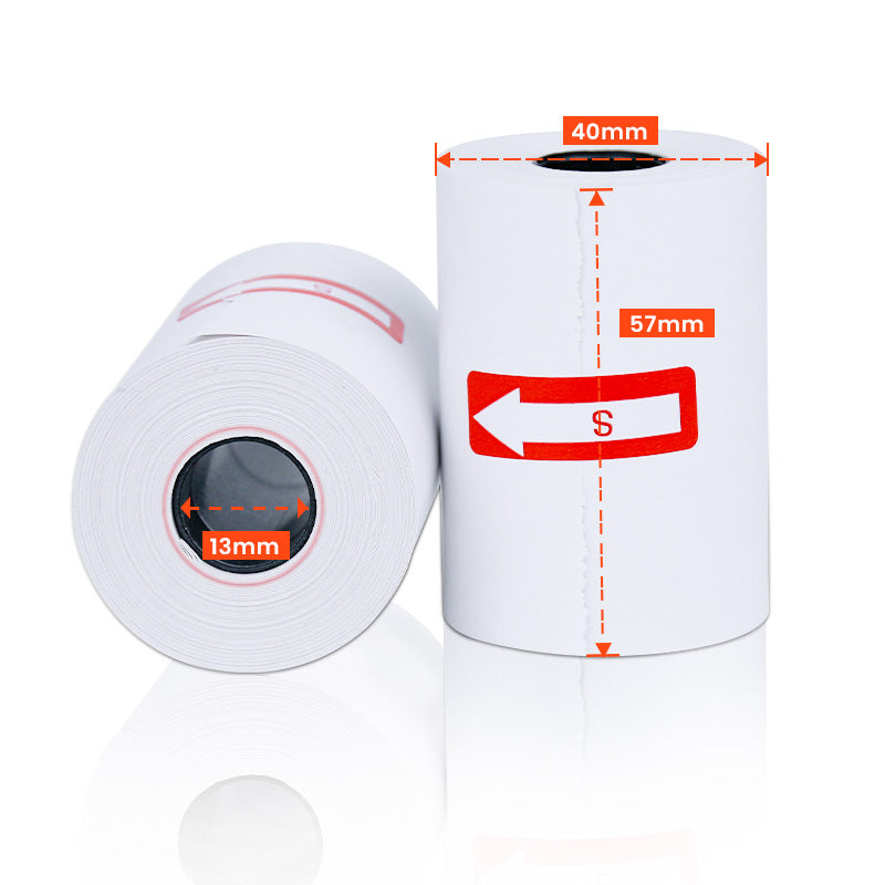 57×40mm thermal paper roll with 13mm core, showing dimensions suitable for POS printers and receipt printing
