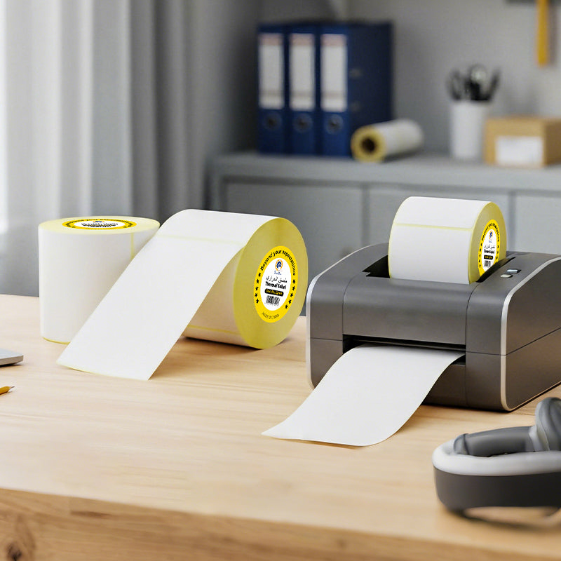60×40mm thermal labels loaded in printer ready for printing, ideal for retail e-commerce and warehouse