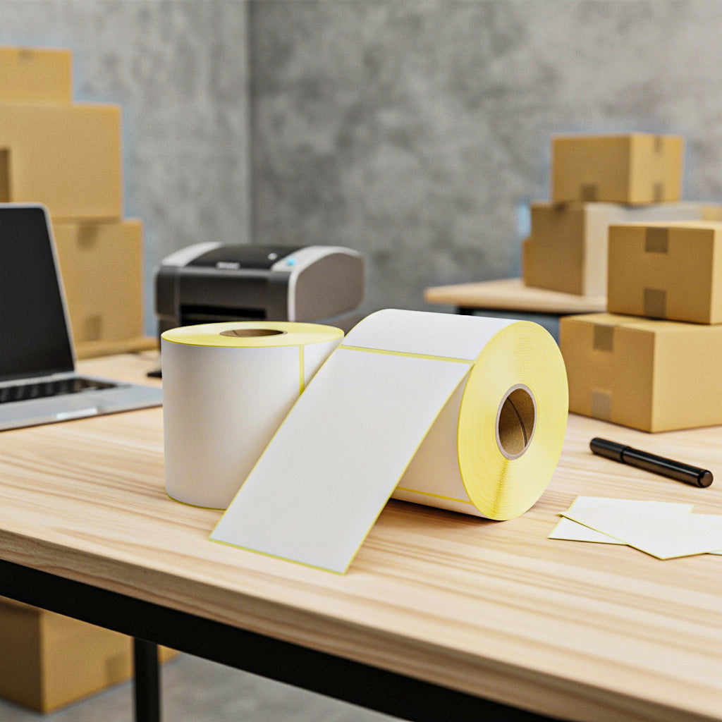 60×40mm thermal labels on warehouse desk showing real product size for inventory and stock management
