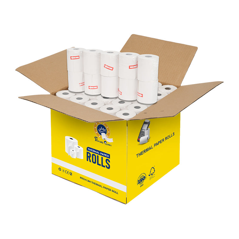 57×40mm thermal paper in distinctive yellow packaging box for secure shipping and easy identification