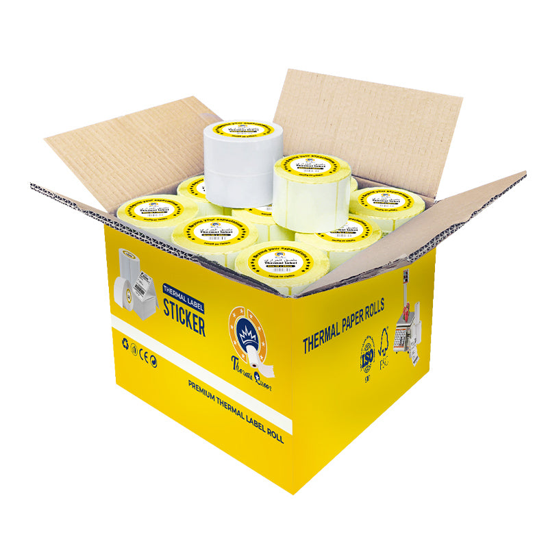 60×40mm thermal labels in durable yellow shipping box for secure packing and easy warehouse identification