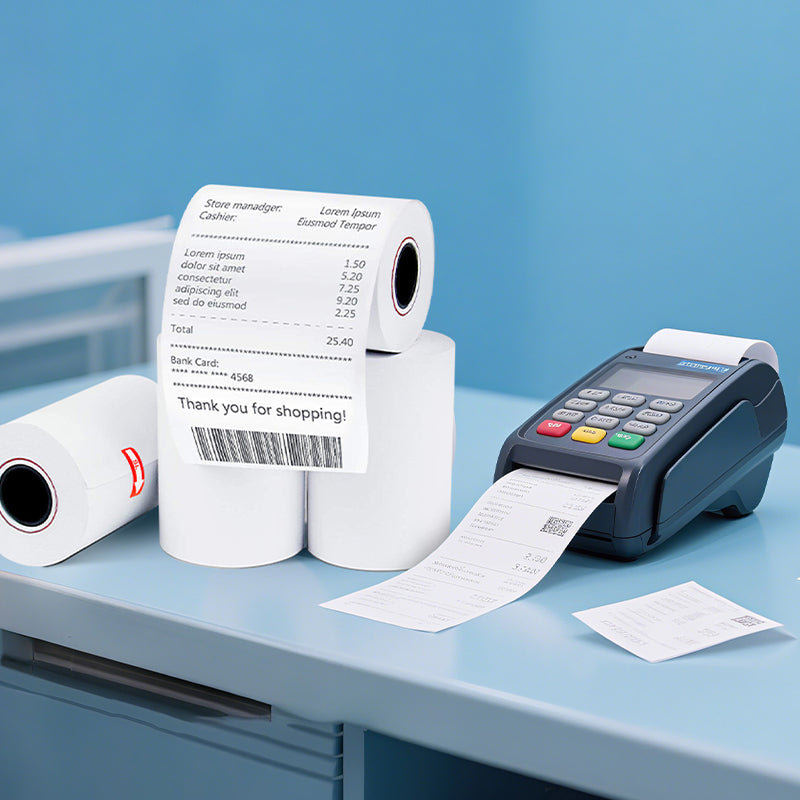 57×40mm thermal paper in use on retail POS system for printing clear receipts in stores and supermarkets