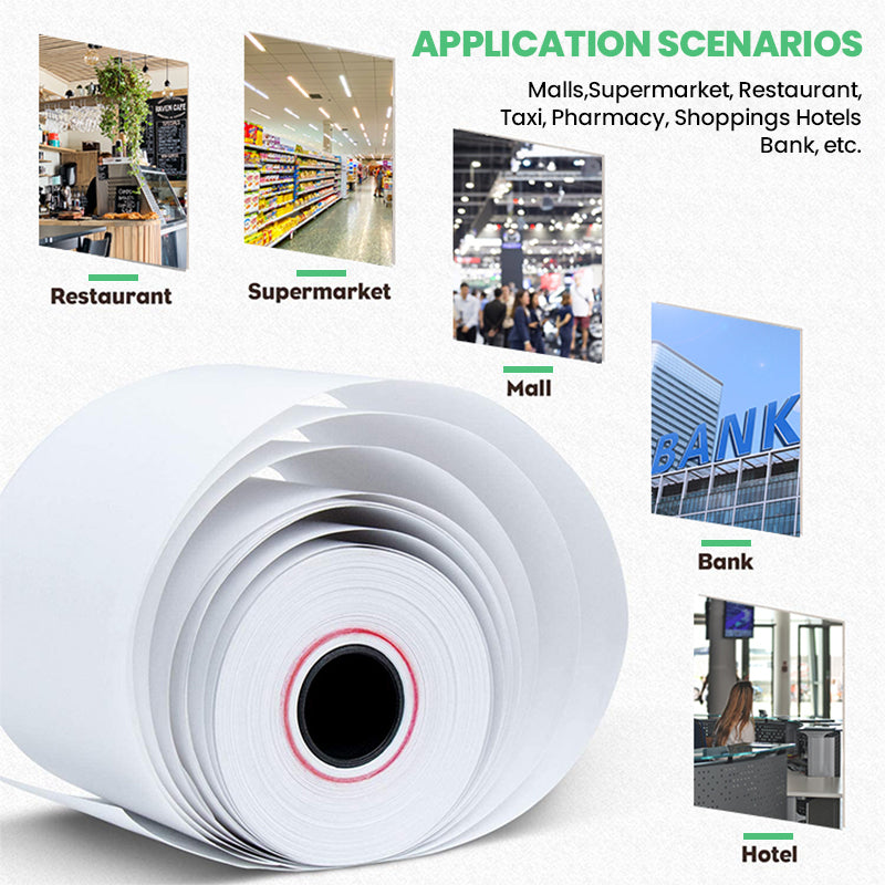 57×40mm thermal paper displayed in retail POS environment for printing crisp clear receipts in stores