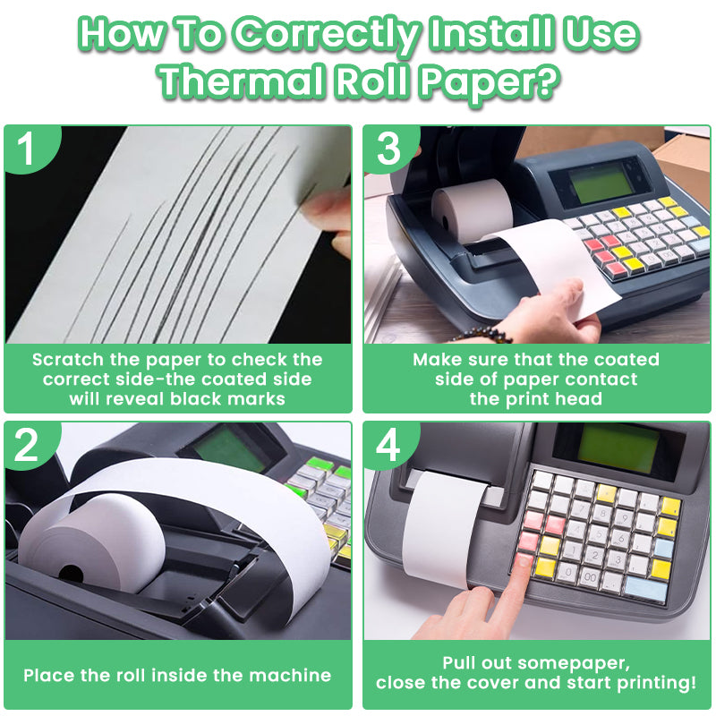 80×70mm thermal paper direct installation guide, 80m long, compatible with POS & receipt printers for retail use
