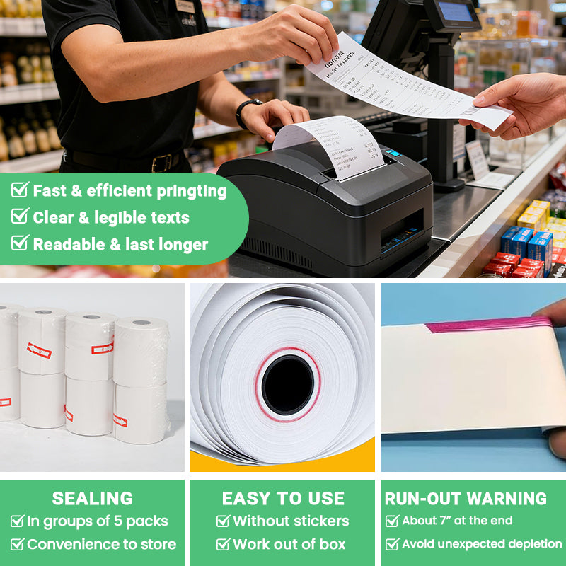 Pack of 5 thermal paper rolls 80×70mm, 80m each, durable clear printing compatible with POS receipt printers