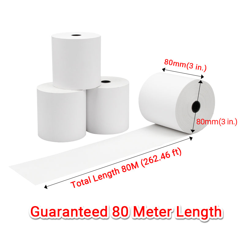 80×70mm thermal paper 80m long, compatible with Oscar, Epson, Star & Fujitsu printers for POS receipt printing
