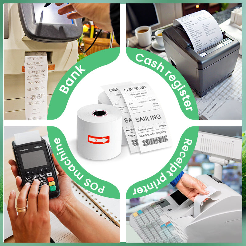 80×70mm thermal paper 80m long for POS machines, cash registers & receipt printers, fast clear durable printing